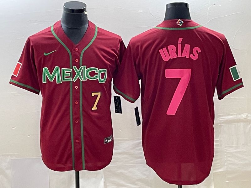 Men 2023 World Cub Mexico 7 Urias Red pink Nike MLB Jersey6